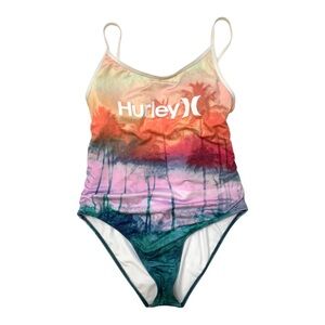 Hurley Sunset Ombre Palm Tree Print One Piece Swimsuit.